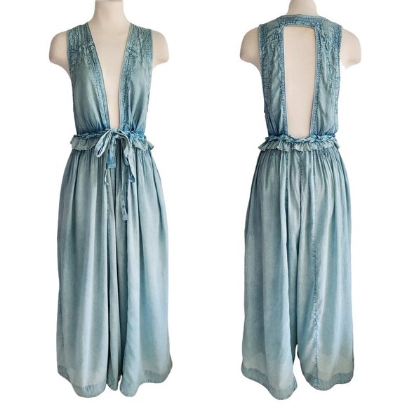 Free People New Romantics Sexy Dust Drag Jumpsuit Mermaid Blue Green S - Picture 2 of 16